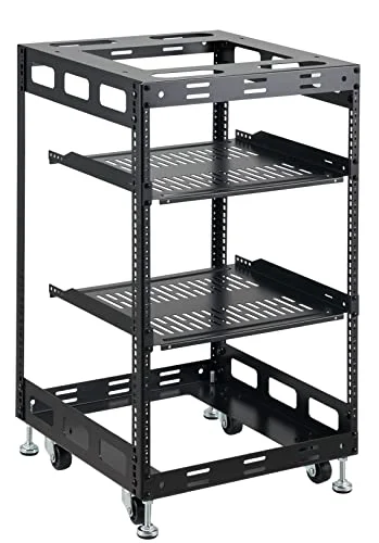 Tedgetal 15U Open Frame Rack for Servers & AV Gear - Wall Mountable Design Includes 2X Vented Shelves, 4X Leveling Feet, 4X Casters